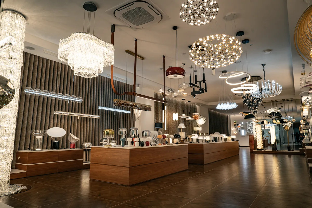 A showroom with pendant and decorative lighting displays.
