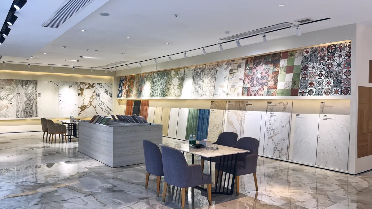 Large tile and surface panels displayed in a showroom.